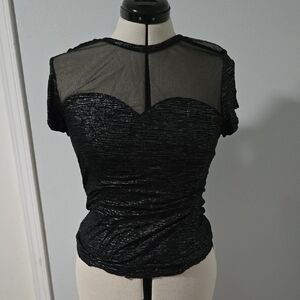Candie's Black Metallic Sheer Yoke Short Sleeve Top